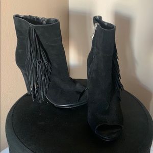 BCBG fringe heeled booties black
